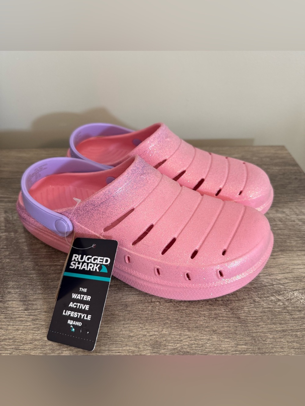 Rugged Shark Big Girls Size 5 EVA Clogs Shoes Pink Purple Glitter Water